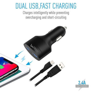 UBON CH-85 Boostcharge Dual USB Car Charger 2.4A 2 Fast Charging Port Charge Adapter with Micro USB Data Cable for Mobile Phone, Tablet & GPS (Black)