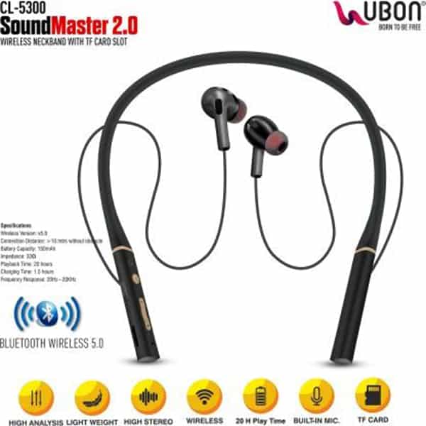 Ubon CL-5300 Wireless Neckband Bluetooth 20 Hours Playtime Bluetooth Headset (Black, In the Ear)