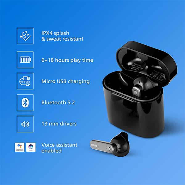 Philips TAT3225BK/94 Truly Wireless Earbuds with Mic