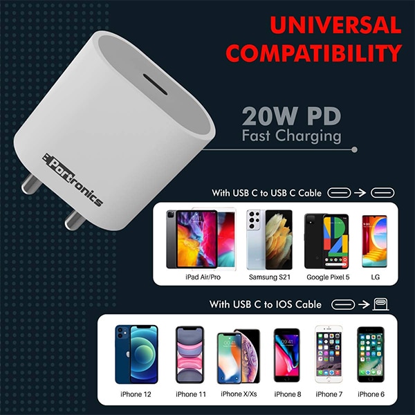 Portronics Adapto 20 Type C 20W Fast PD/Type C Adapter Charger with Fast Charging for iPhone (Adapter Only)