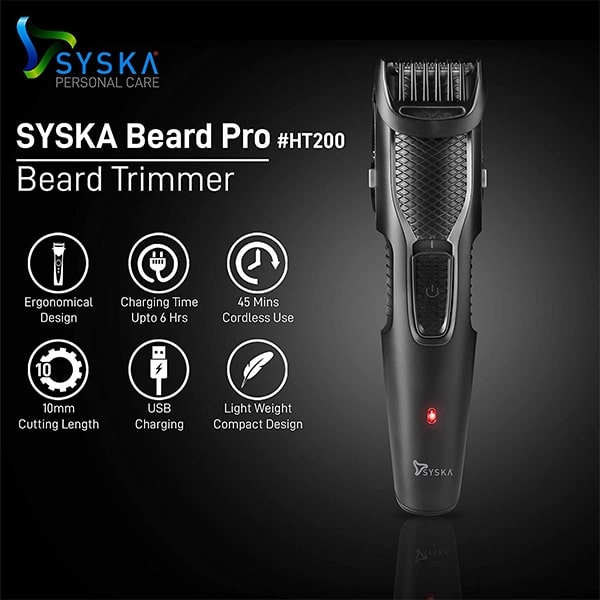 Syska HT200 PRO Beard Pro Cordless Rechargeable Trimmer - 10 Length Settings; 45 Min Runtime