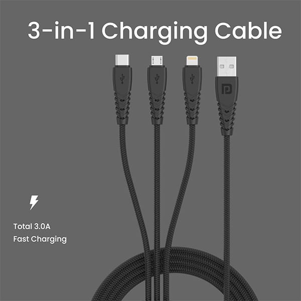 Portronics Konnect A Trio 3-In-1 Multifunctional Cable For Micro Usb For Ios And Type C Mobile Phones, Smartphone, Tablet, Personal Computer