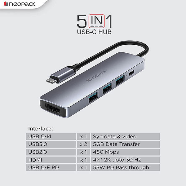 Neopack 5 in 1 USB C Hub Multiport Adapter with HDMI 4K 30Hz