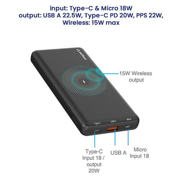 Stuffcool PB9036W 10000mAh 15W Wireless Powerbank with PD 20W Type C Output