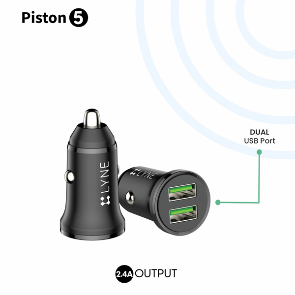 LYNE Piston 5 Dual USB Port, 2.4 Amp Output Car Charger with Micro USB Cable
