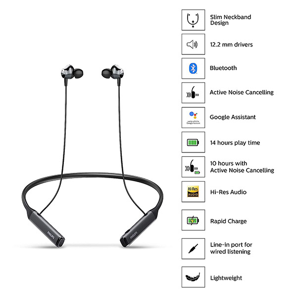 Philips TAPN505 Neckband Earphones with Active Noise Cancellation